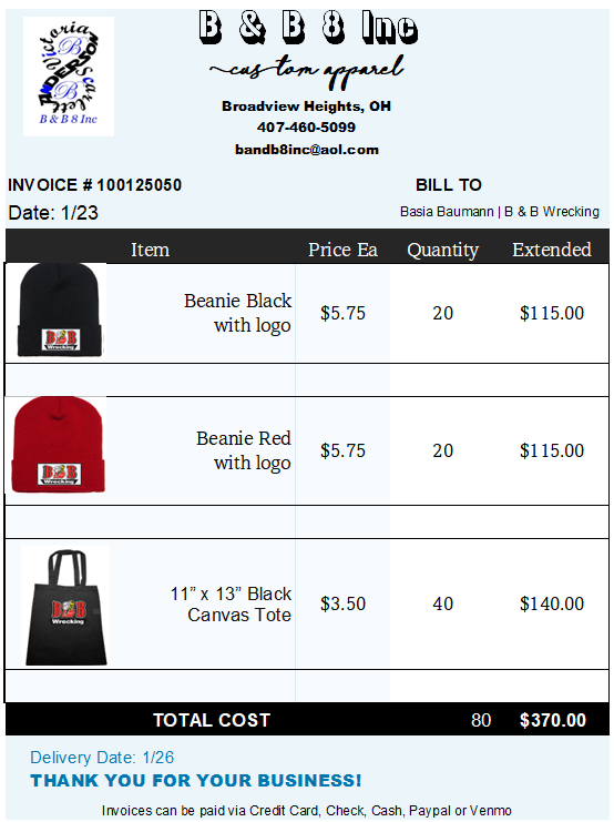 B & B Wrecking per Invoice